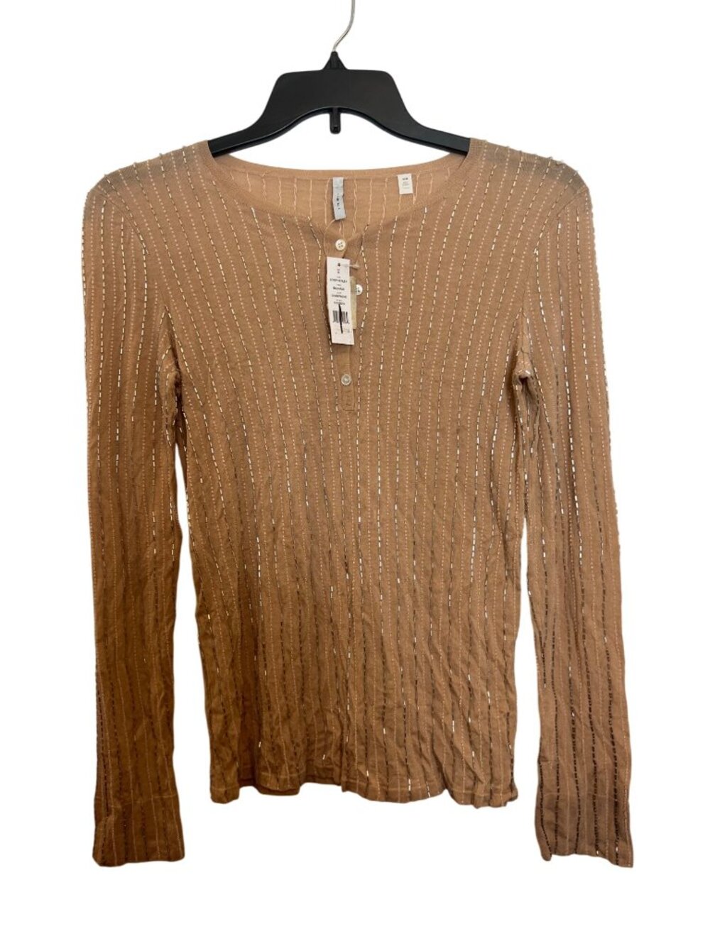 Strip Henley Champagne Sweater By Bauhaus M Long Sleeve Ribbed Knit Beaded Detai